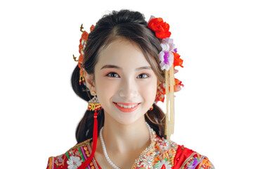 Portrait shot of Asian beautiful young woman with traditional outfit, Asian culture dress costume, isolated on transparent png background.