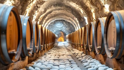 Wine barrels stored in cellar D. Concept Wine Storage, Cellar, Wine Barrels