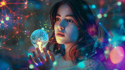 A young woman gazes at a digitally generated brain illuminated with connecting networks, symbolizing intelligence and connectivity