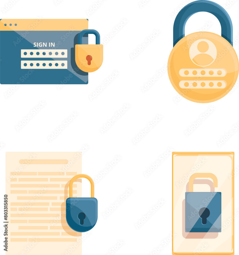 Poster digital security icons set cartoon vector. security of personal data. information technology