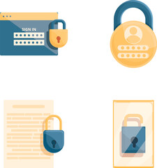 Digital security icons set cartoon vector. Security of personal data. Information technology