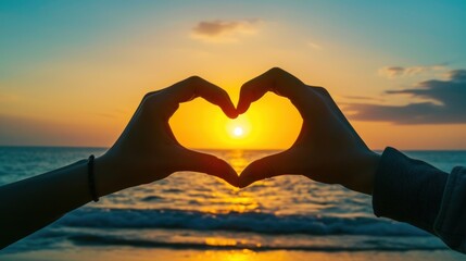 A heart shape made in the style of two hands against the backdrop of sunset on beach
