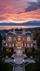 Naklejka premium A magnificent mansion with a beautiful view of the lake and mountains