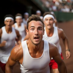 A group of young men competing in a race