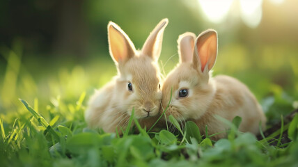 Fototapeta premium Two little baby rabbit sitting on the grass. Animals photography 