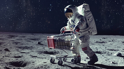 Fantasy concept, photo from a spaceship on the moon (low quality) an astronaut pushing shopping cart. for shopping day marketing artwork design