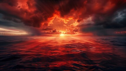 Raging Sea Spectacle, Dramatic red stormy cloudy sky reflecting on the troubled water surface, stormy ocean with rays of light in the center, Fantasy stormy sea