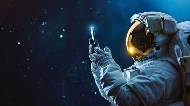 Fantasy concept, an astronaut using a smartphone outer space
