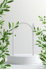 3d white podium stage with green olive leaves Realistic 3d vector platform or pedestal mockup for products presentation in studio Background with rectangular stands and arch for displaying cosmetics.