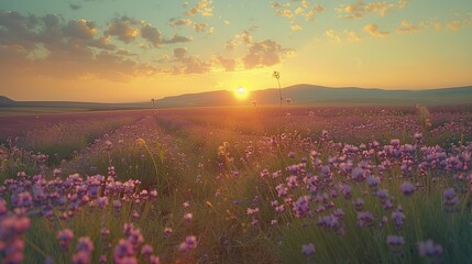 Vintage Purple Hues: Sunset Lavender Field, generative ai