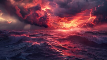 Raging Sea Spectacle, Dramatic red stormy cloudy sky reflecting on the troubled water surface, stormy ocean with rays of light in the center, Fantasy stormy sea - obrazy, fototapety, plakaty