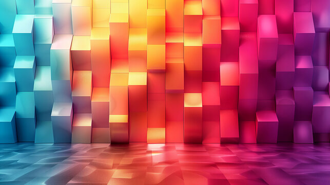  3D Abstract Rainbow Cube background, three-dimensional digital artwork with numerous cubic shapes stacked together, a soft and inviting color palette