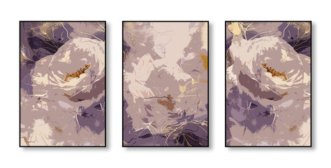 Abstract art watercolor painting, stylish modern wall art, flowers, texture, gold, triptych