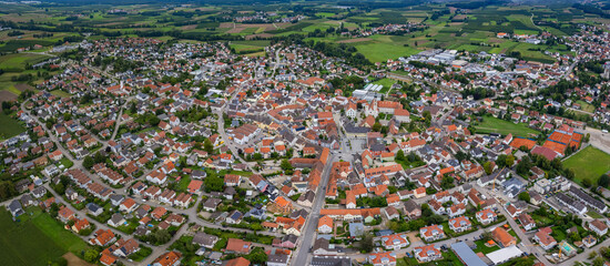 Aerial view around the old town of the city Geisenfeld on a cloudy day in Germany.