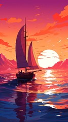 A sailboat on the calm sea at sunset