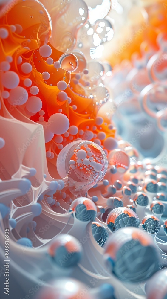 Poster 3d rendering of a molecular structure with orange and white spheres