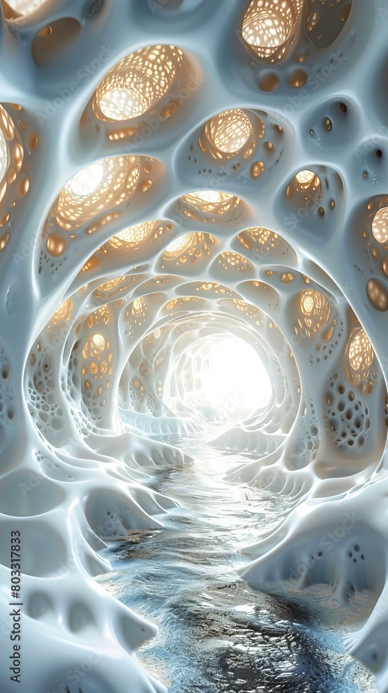 Poster surreal organic architecture with a river flowing through it