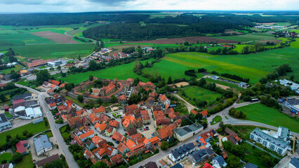 Aerial view around the old town of the city Lichtenau on a cloudy day in Germany.