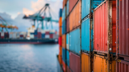 A close-up shot of a cargo ship's side, showing the texture and details of the stacked containers, with the port's bustling activity slightly blurred in the background, Generative AI