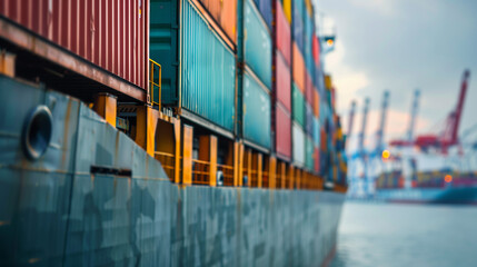A close-up shot of a cargo ship's side, showing the texture and details of the stacked containers, with the port's bustling activity slightly blurred in the background, Generative AI