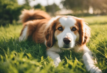 A brown and white dog lying on green grass, looking directly at the camera with a focused expression. International Dog Day.