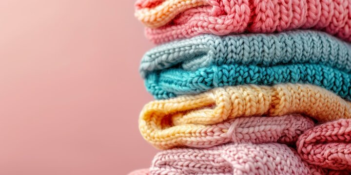 A stack of colorful knitted sweaters
