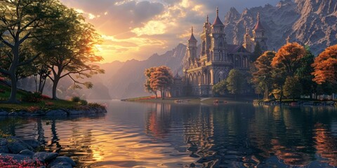 Fototapeta premium Fantasy castle by the lake