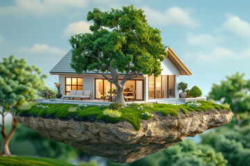 Living room near big tree on tiny earth land with green grass in real estate sale or property investment concept. Isometric low poly part of house 3d rendering. - Powered by Adobe