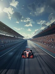 Fototapeta premium Formula One car racing down a track with a crowd of spectators in the stands