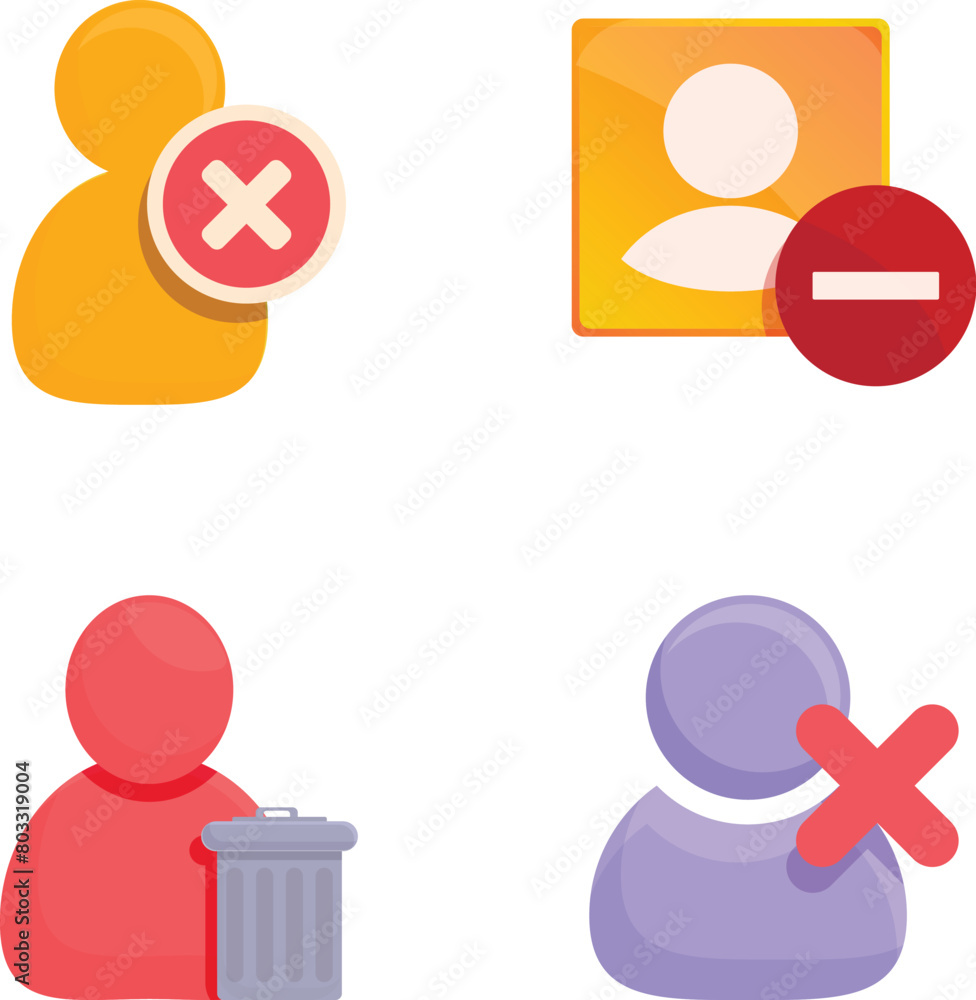 Poster remove account icons set cartoon vector. account cannot be accessed or used. social community