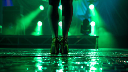 Irish dancing legs close up on stage on bright green lighting stage background with copy space,...