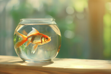 A side view photo of a goldfish in a sleek, round glass jar, placed on a light wooden surface, with a soft-focus green background to suggest a natural environment subtly, Generative AI