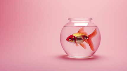 a single goldfish in a clear jar, viewed at eye level. The background is a soft pastel pink, providing a calm and clean aesthetic, Generative AI
