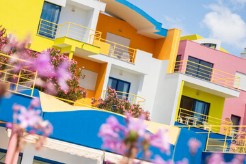 Colorful modern residential buildings in Marina  port of Albufeira at the Algarve coast of Portugal