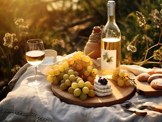 Realistic picnic in vineyards with white wine, cheese, and fruit