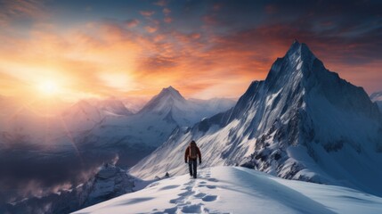 Majestic Winter Sunrise Over Snowy Mountain Peak with Lone Adventurer - Powered by Adobe