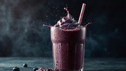 Blueberry smoothie, close-up. Blank space for text, empty space.
