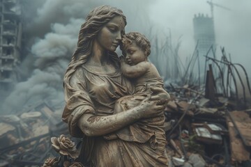 Mother and child at a cracked monument in a war-torn city
