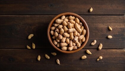 Peanuts in plates on a wooden background. Top view, empty space