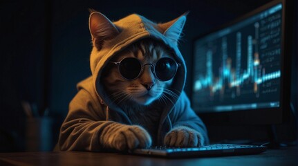 A cat with glasses and a hood behind a laptop.