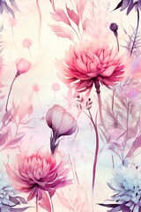 Fototapeta premium Pink and purple flowers with green leaves on a light pink background