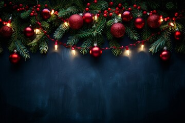 Festive christmas decorations on blue background with copy space, holiday and new year concept