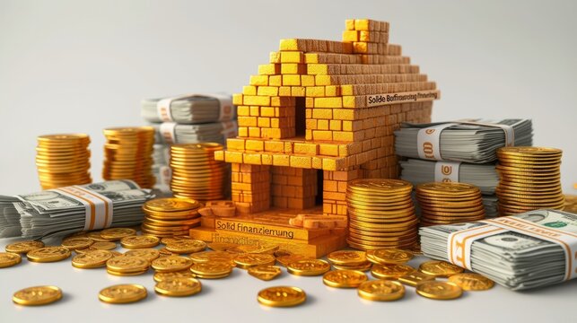 3D illustration of a house made of golden bricks sitting on a pile of money