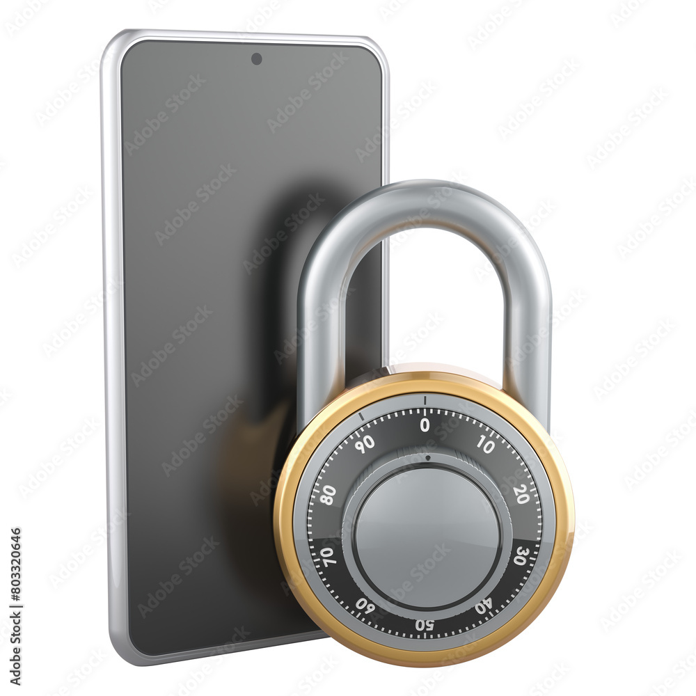 Aufkleber smartphone with padlock, protection concept. 3d rendering isolated on transparent background