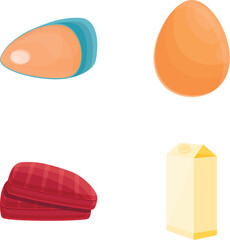Vitamin product icons set cartoon vector. Fresh egg, fish, meat and milk food. Healthy product