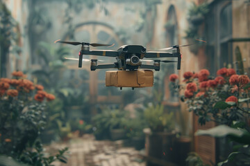 Quadcopter drone delivery man with parcel box