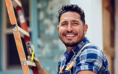 Portrait of happy Hispanic man working on new housing project. Professional latino worker using ladder and smiling at camera