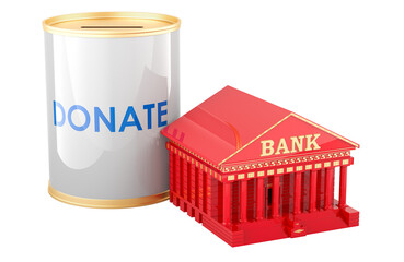 Donation can with bank building, 3D rendering isolated on transparent background