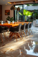 Fototapeta premium A dining room with a large table and chairs in the middle, AI