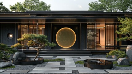 Courtyard with round golden door and trees